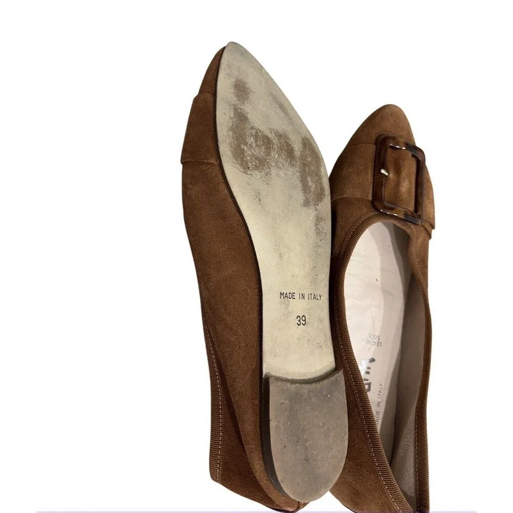 Le Matin Italy Brown Suede Pointed Toe Flat Tortoise Shell  Buckle Sz 9/39